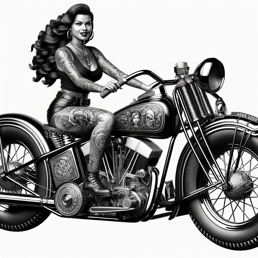 Creat a masterpiece of a beautiful purter rican woman with tattoos sitting on a shiny black Harley Davidson