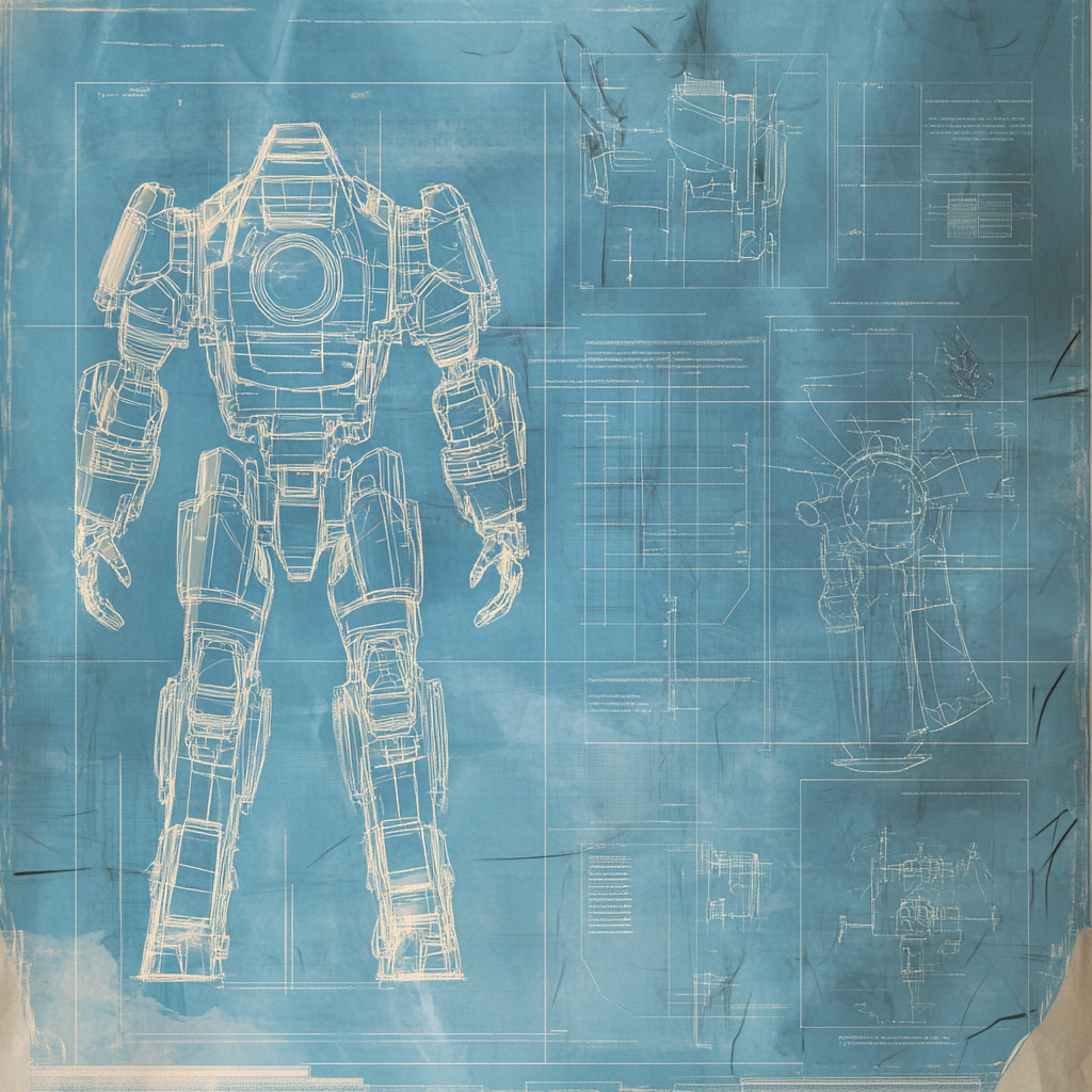 A detailed specification sheet on blueprint paper for robot with callouts and dimensions, highly technical