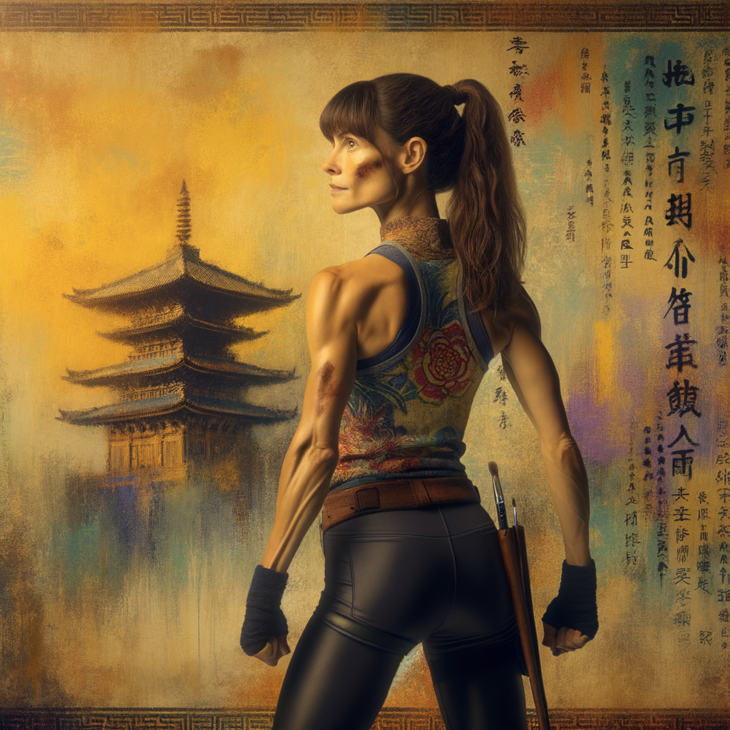 Athletic Thin skinny Attractive, Asian teenage girl, long brown hair and bangs, wearing tight skinny jeans and a halter top paint marks on her clothing, heroic pose Asian graffiti background, backside view