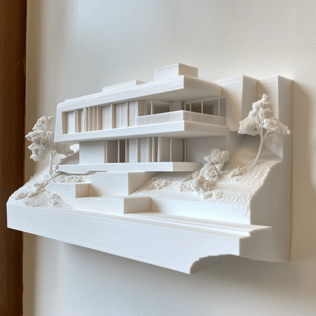 3D printed scale model of a modern house being displayed as art on a wall