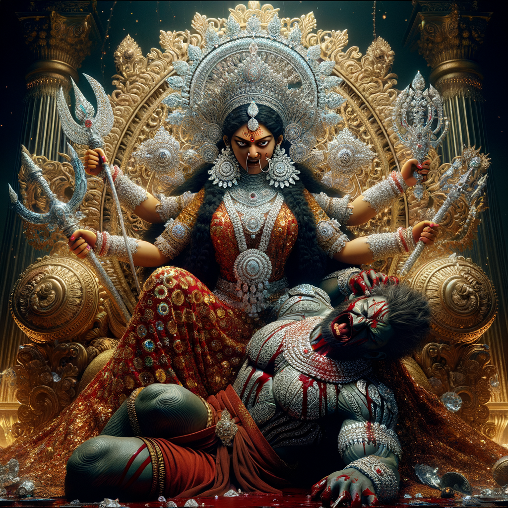 portrait of angry looking goddess durga, sitting on a gold crown and carrying a weak mahishasur on her lap. She is wearing diamond armor, a huge diamond crown, red saree, abundant diamond jewelry, covered in blood. The scene is set in ancient India. The image is 8K resolution, cinematic, ultra detailed face and epic.