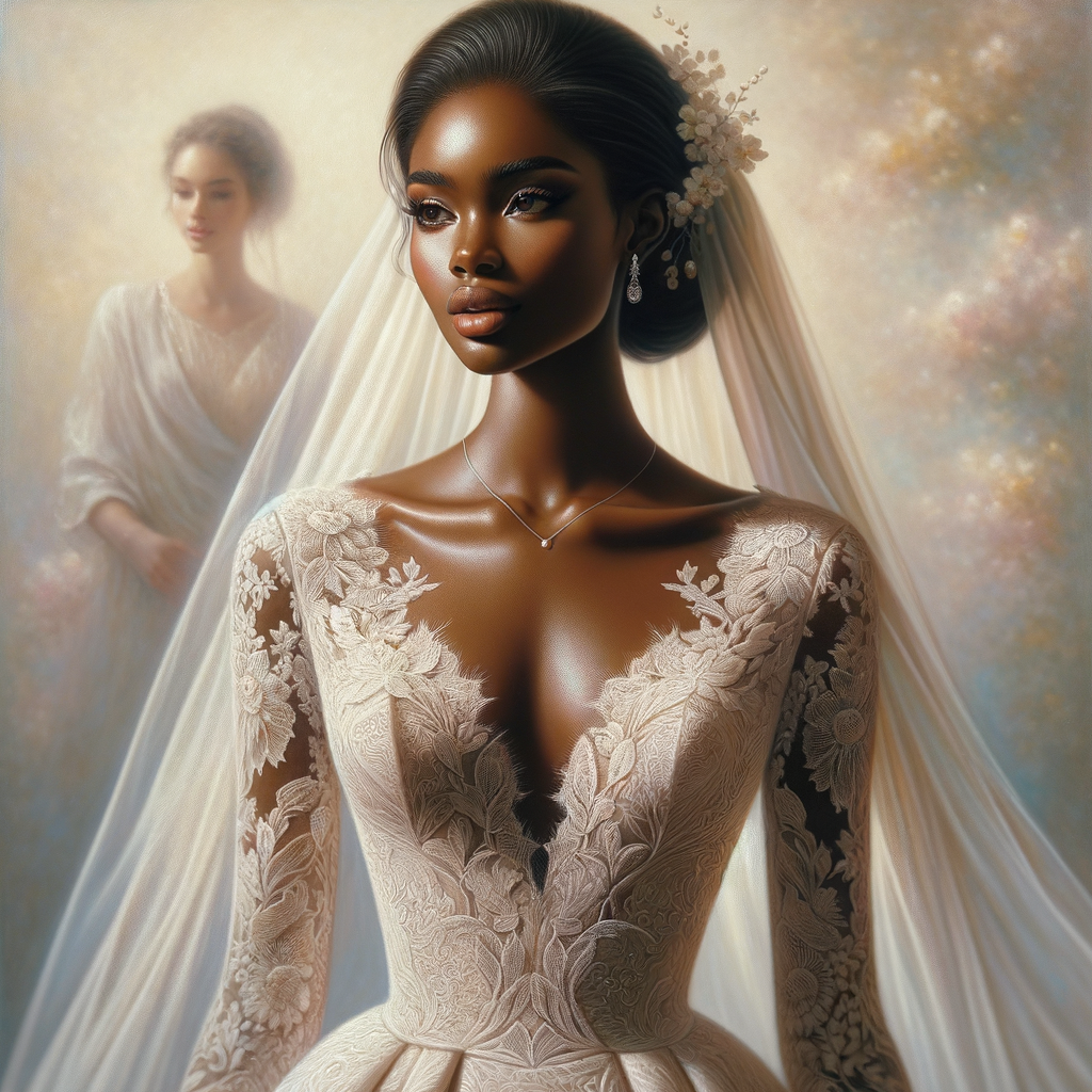 A hyper-realistic oil painting of an African American bride standing gracefully. She has a radiant complexion with a warm, glowing skin
tone. Her hair is styled in an elegant updo adorned with delicate white flowers. The bride is wearing a stunning, intricately detailed lacewedding gown with a subtle shimmer, capturing the light beautifully.The gown features a classic silhouette with a modern twist, including a deep V-neckline and a flowing train. She is also wearing a delicate pearl necklace and small, elegant earrings that add a touch ofsophistication. The background is a soft, romantic blur of pastelcolors, enhancing the focus on the bride and her exquisite bridal
attire. The painting should exude elegance, capturing the rich textures and vibrant details characteristic of oil paintings, with a particular emphasis on the fabric of the dress, the hairstyle, and the subtle a African-American Jesus Christ is in the background looking on