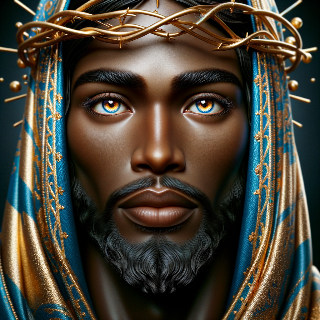 Create a beautiful African-American Jesus Christ with Hazel, brown eyes and blue and gold robe