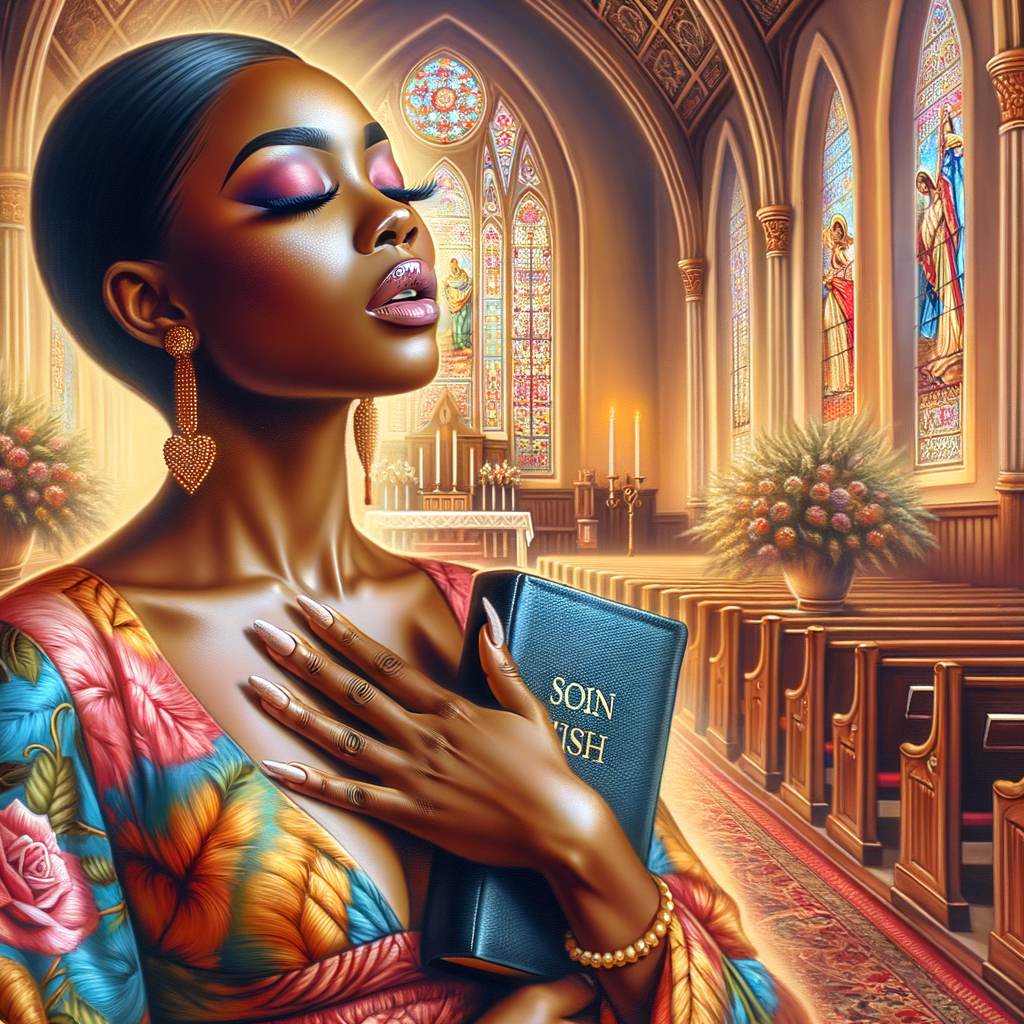 Render an airbrush oil painting of an African American woman with flawless makeup in
a moment of spiritual revelation, a Bible in one hand, the other hand touching her
heart. She's dressed in vibrant Sunday Best attire, with the church's interior, adorned
with intricate stained glass, serving as the backdrop. The oil paint texture adds depth
and a divine ambiance to the scene, capturing the woman's emotional connection to
her faith, the elegance of her attire, and the spiritual atmosphere of the church setting.
The artwork should reflect the profound impact of the spiritual revelation on her,
emphasizing the beauty and serenity of the moment.