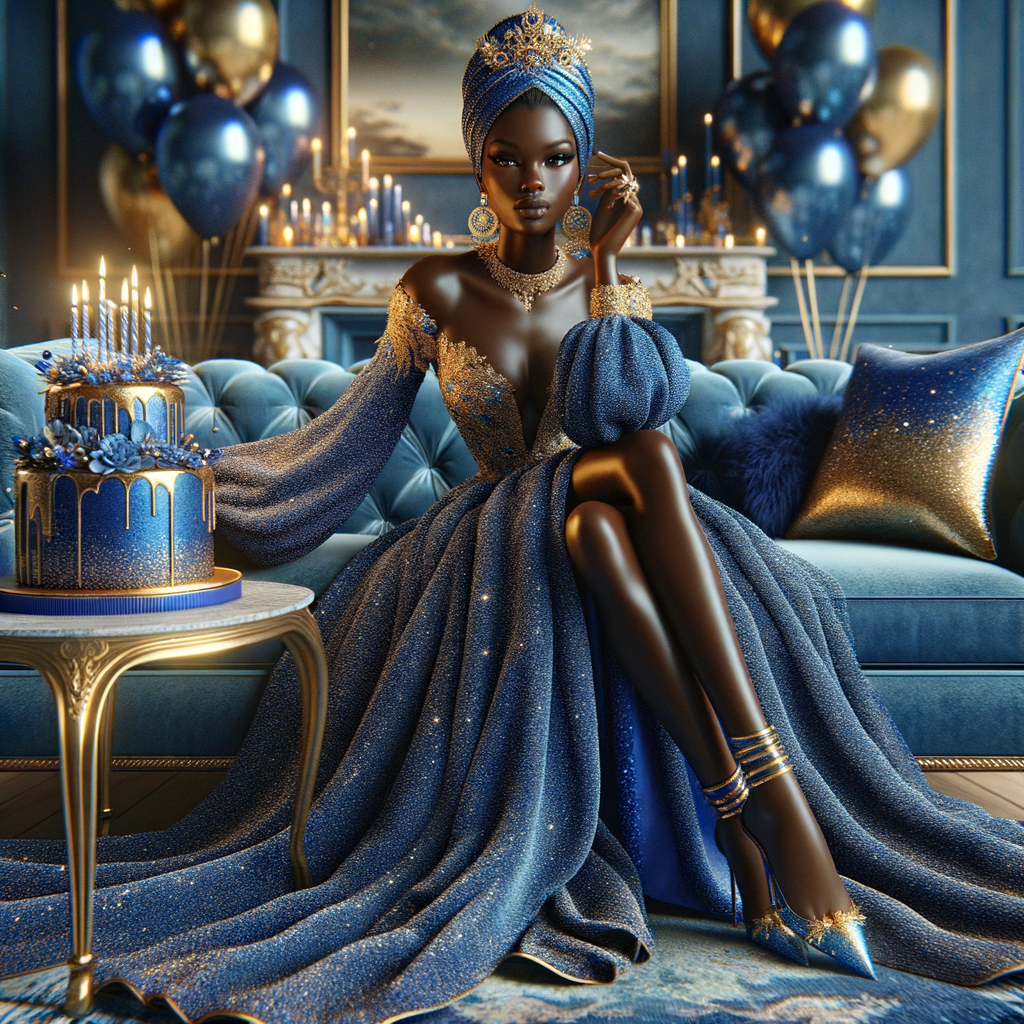 Create a 3-D realistic, African-American woman, she is seated on a luxurious blue couch. She is dressed in a splendid blue and gold gown, with the fabric shimmering like a starlit night sky. Her outfit is complemented by gold earrings and a chic blue and gold head wrap crowning her head with elegance. Beside her, a beautifully decorated birthday cake adorned with blue and gold icing, stands on a small table, with candles waiting to be wished upon. In the air, blue and gold balloons catch the light, adding a touch of magic. The room itself is a harmony of celebration, with hints of gold accents against blue decor, creating an atmosphere of joyous celebration.