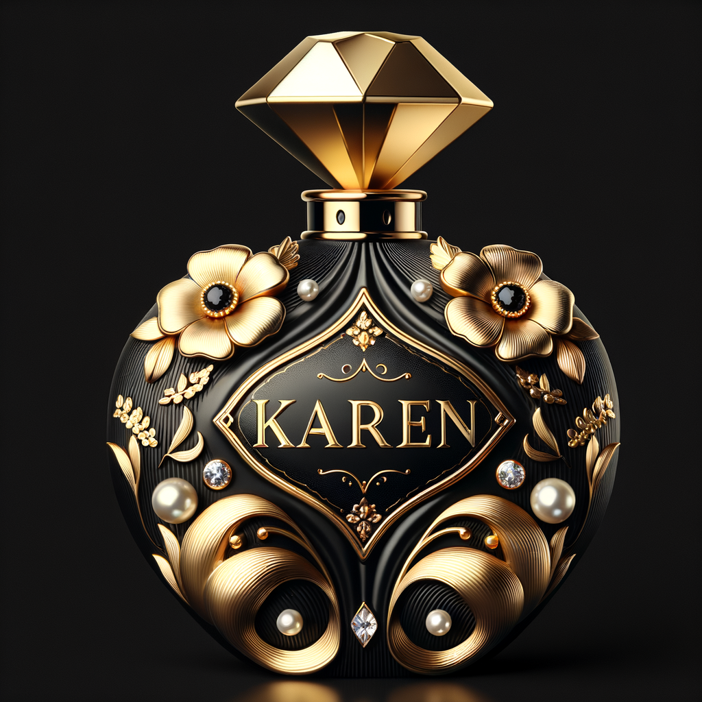 Design a fancy, black and gold bottle of perfume in the shape of a woman’s body. With a golden diamond top, flowers pearls and Diamonds in the name, Karen