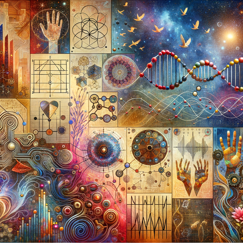 The golden ratio, Minimalist art Circuit, boards, circuitry, diagrams Cellular structures, DNA, circuit boards, colorful wires,  asian and Egyptian  graffiti, lie detector graphs, cardio, printout , branches infinity sign, cave, Art, handprints, distant birds flying, flowering vines, abstract gestural painting, dna, gears