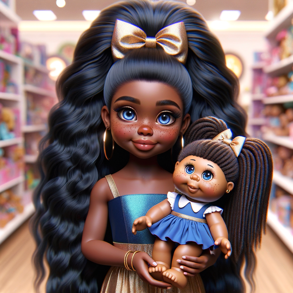 Create a 3-D image of an african-American little girl inside of a medium size, toy store. The little girl has thick long, ponytails and huge blue eyes. She has on a gold and blue jumpsuit with matching bows, She is playing with her favorite african-American cabbage patch doll, the doll has deep, dimples, and freckles and looks just like her