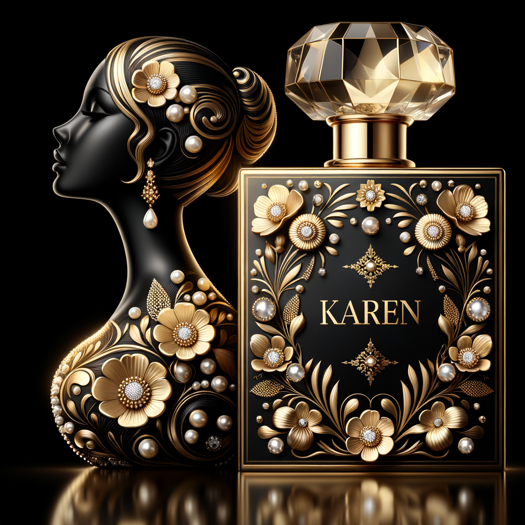 Design a fancy, black and gold bottle of perfume in the shape of a woman’s body. With a golden diamond top, flowers pearls and Diamonds in the name, Karen