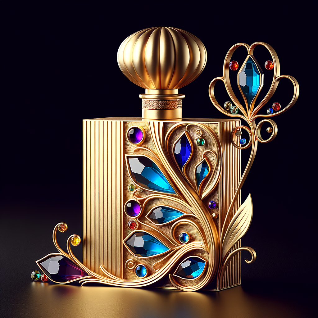 Create a 3-D realistic gold and  blue, colorful jewels perfume bottle
In the shape of a women’s body with the name Karen