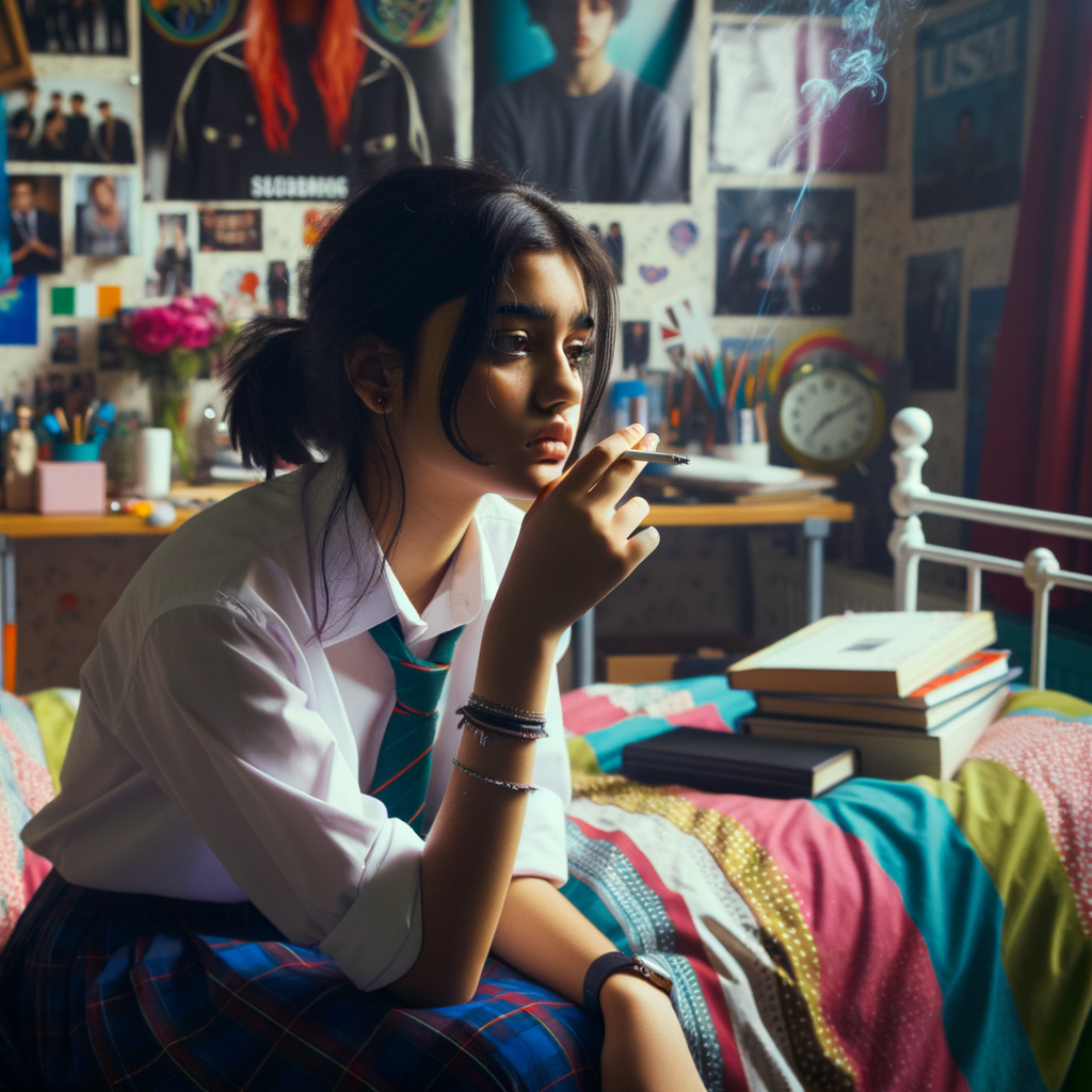 Schoolgirl smoking a cigarette in her room.