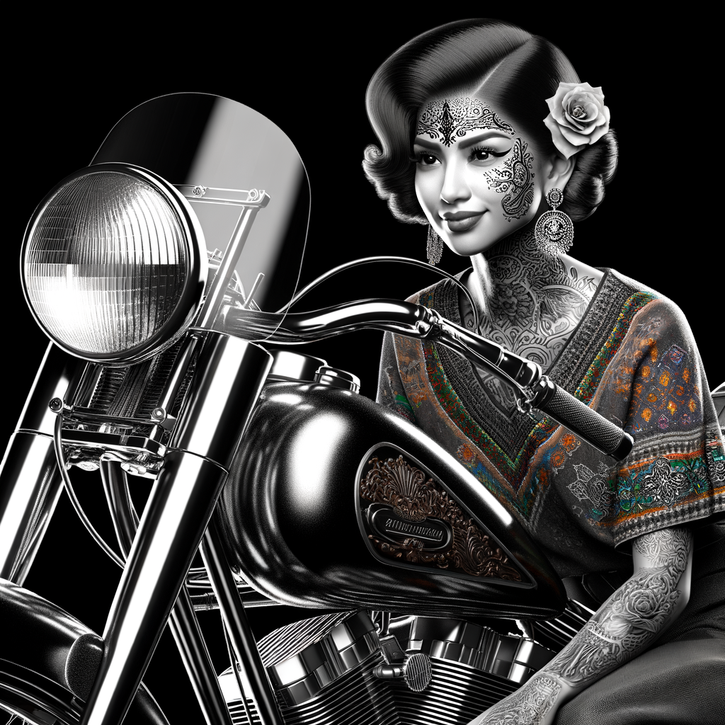 Creat a masterpiece of a beautiful purter rican woman with tattoos sitting on a shiny black Harley Davidson