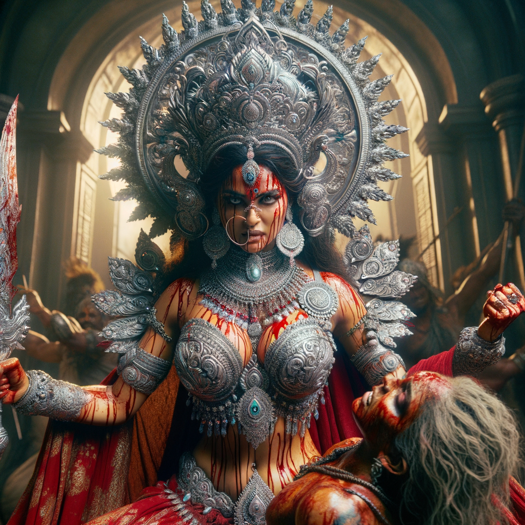 portrait of angry looking, gorgeous goddess durga cosplayer carrying a weak mahishasur in her two arms. She is wearing a huge silver crown, red saree, abundant silver jewelry, covered in blood. The scene is set in ancient India. The image is 8K resolution, cinematic, ultra detailed face and epic.