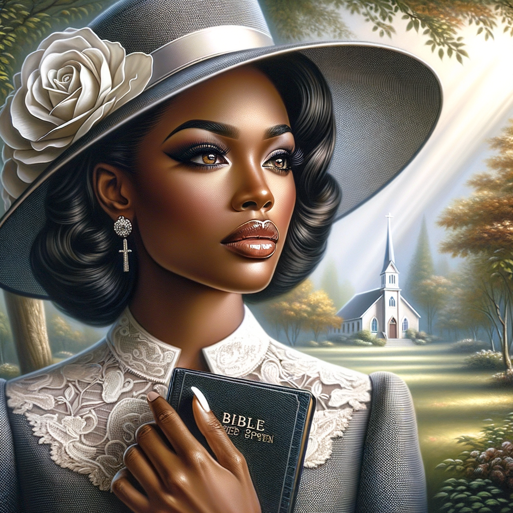 Render an airbrush oil painting of an African American woman with flawless makeup in a
contemplative pose, holding a Bible close to her heart, dressed in an elegant Sunday Best
outfit with a distinctive Church Hat. The background features a peaceful church garden,
with light filtering through the trees, highlighting her spiritual connection and the personal
moment of reflection. The artwork should capture the tranquility of the scene, the beauty
of her attire, and the depth of her contemplation, reflecting a serene and spiritually