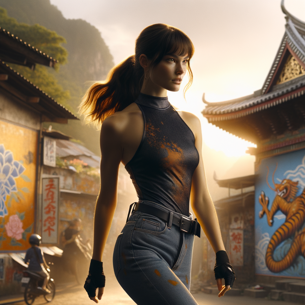 Athletic Thin skinny Attractive, Asian teenage girl, long brown hair and bangs, wearing tight skinny jeans and a halter top paint marks on her clothing, heroic pose Asian graffiti background, backside view