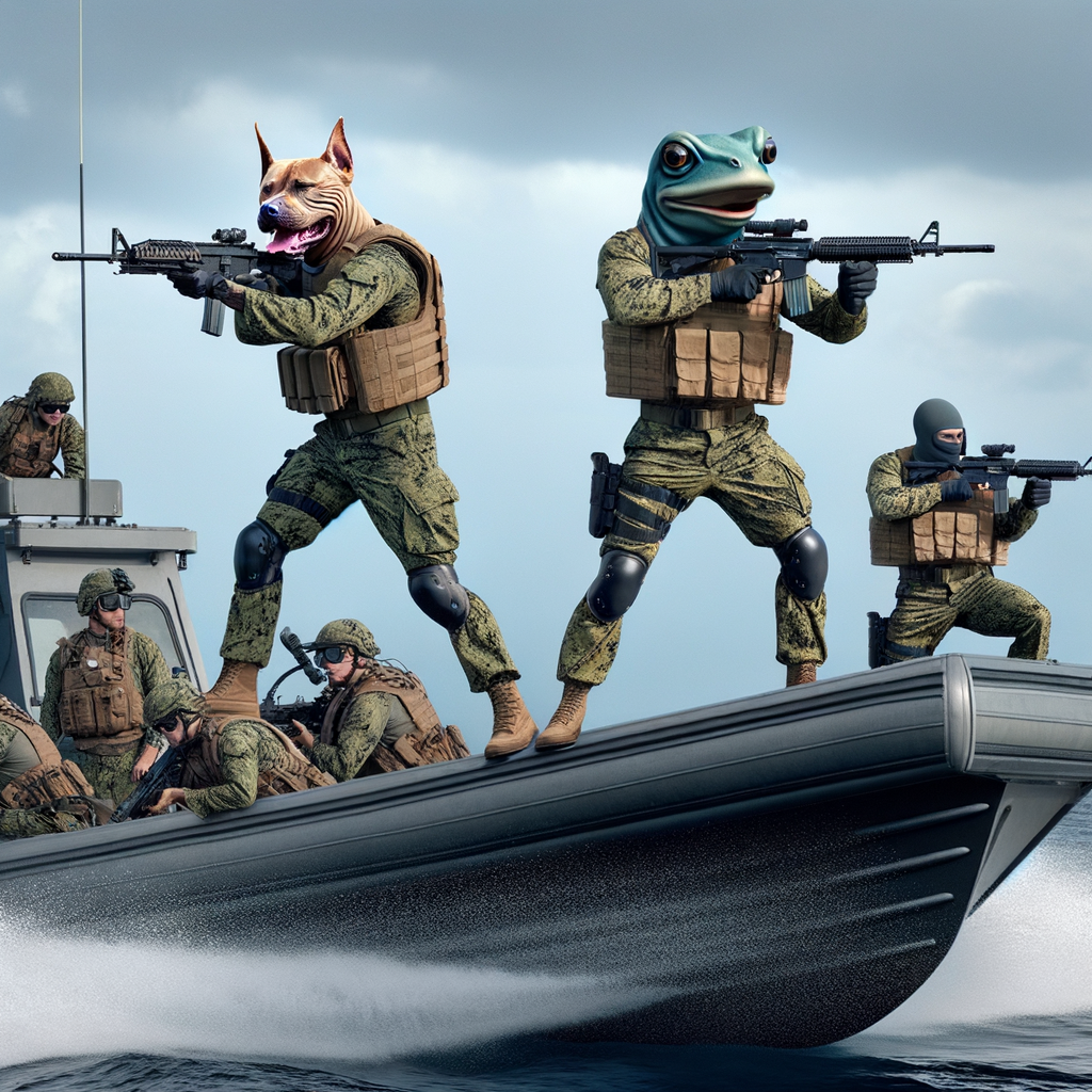 There are two US Navy sailors in battle gear, the navy sailors are a pitbull and Pepe, they are standing in two different directions. They are shooting 50 caliber, machine guns. They are in their Navy seal boat. The boat is making waves. There are also divers on the boat getting ready to dive in the water .