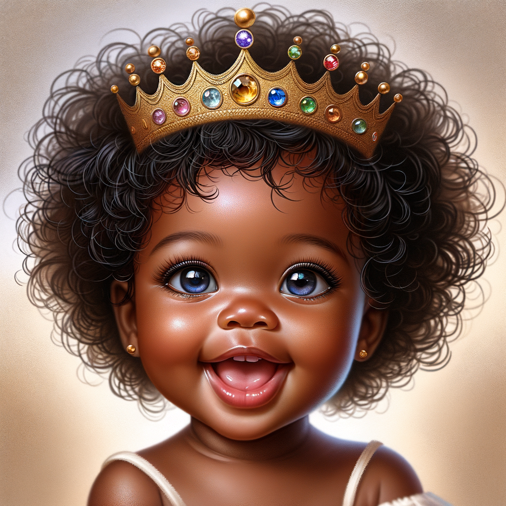 "Create a digital portrait of an adorable african-American baby girl with a joyful expression. She is wearing a gold crown with colorful jewels. Her big, bright blue eyes are wide with wonder, and her tiny mouth is shaped in a happy grin. Her skin has a warm, honey-brown tone, and she has an abundance of thick curly black hair, The background is soft and neutral to keep the focus on her delightful features. The portrait should be vibrant and heartwarming, celebrating the innocence and charm of childhood."