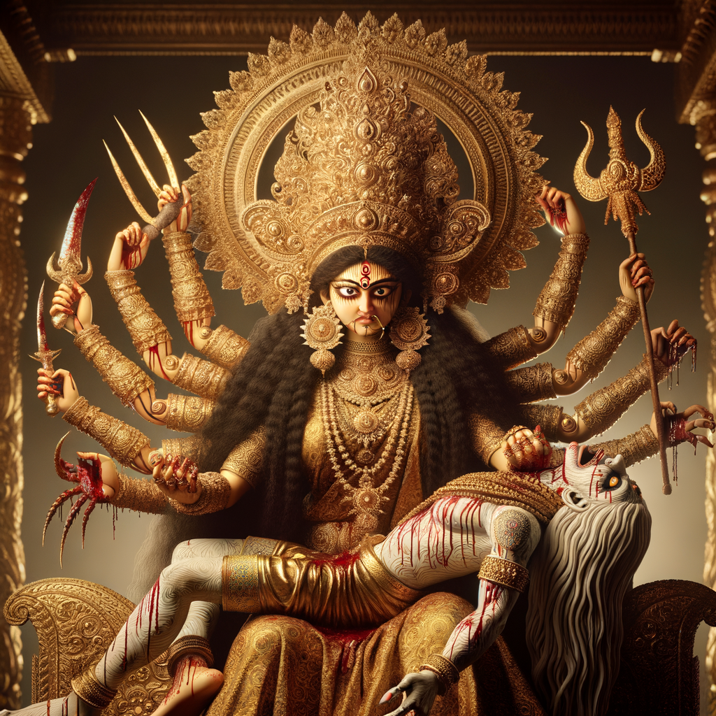 portrait of angry looking goddess durga sitting on a gold crown and carrying a weak mahishasur on her lap and stabbing him with her amazingly long fingernails. She is wearing gold armor, a huge gold crown, gold saree, abundant  gold jewelry, covered in blood. The scene is set in ancient India. The image is 8K resolution, photography, cinematic, ultra detailed face and epic