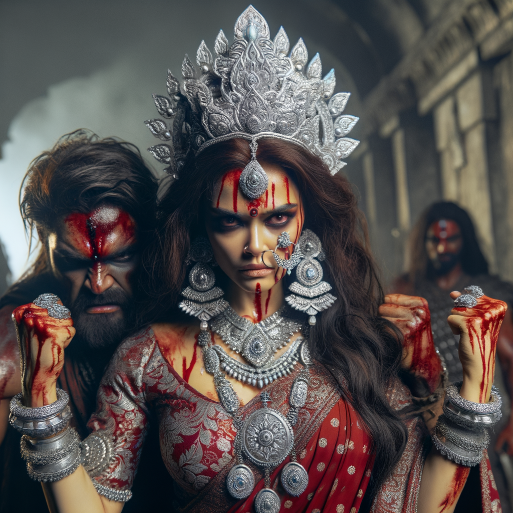 photograph of angry looking, gorgeous goddess durga cosplayer carrying a weak mahishasur in her two arms. She is wearing a huge silver crown, red saree, abundant silver jewelry, covered in blood. The scene is set in ancient India. The image is 8K resolution, cinematic, ultra detailed face and epic.