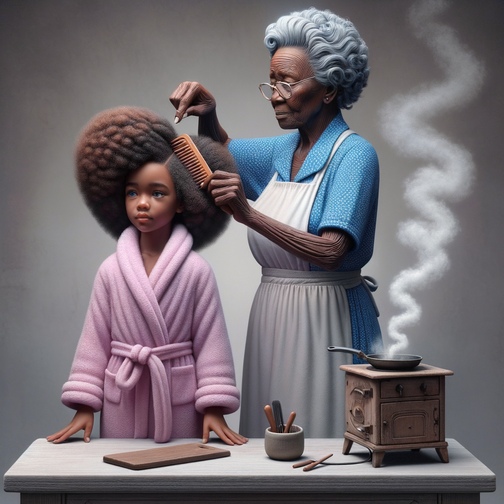 Create a realistic 3-D image of an african-American grandmother wearing a blue house dress and a white apron . She is in the kitchen with her african-American granddaughter. Her granddaughter is wearing a pink bath robe. The grandmother has a hot comb in her hand and she is straightening her granddaughters hair. One side of her granddaughters hair is in  a Afro the other straight 
There is smoke coming from the hot comb
The granddaughter is making a face