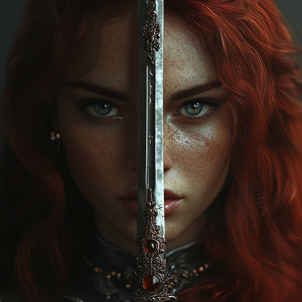 Create a realistic image of a warrior with dark red hair reaching just below the shoulders, piercing blue eyes, and a round face. The warrior should be holding a sword adorned with jewels, capturing only the bust for a detailed close-up.