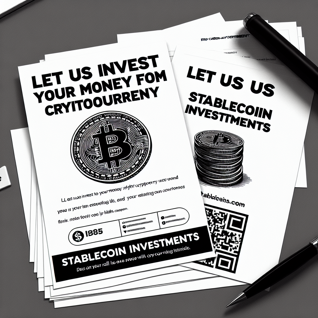 This is a black and white tent card advertisement. It says "Let us invest Your Money in Cryptocurrency" "Stablecoin Investments" the image in the backround is a heavy black line drawing behjnd the text of a Bopitcoin. The image is black ink on white paper for effectinly printing in blakc and white and conserving ink. It also has a square for a qr code