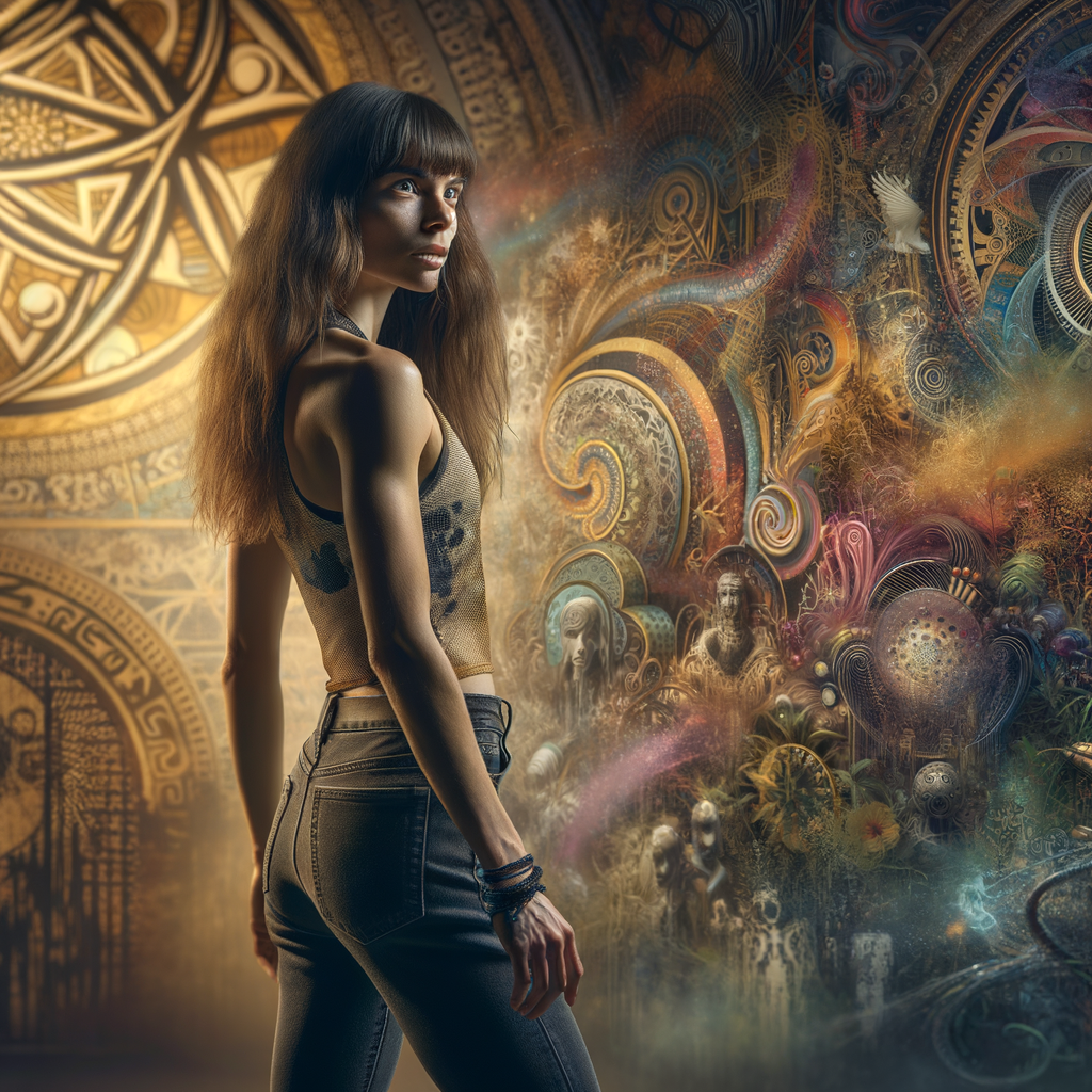 Athletic Thin skinny Attractive, Asian teenage girl, long brown hair and bangs, wearing tight skinny jeans and a halter top paint marks on her clothing, heroic pose Asian graffiti background, backside view