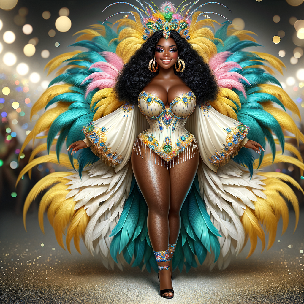 Create a 3-D  vivid full-body view of a colorful glossy hyper-realistic oil painting of a detailed illustration full length photo single image of a beautiful African-American caramel skinned woman plus sized, with long, black, wavy hair, her make up is airbrushed and flawless, she is dressed in a white, teal and yellow large, elaborate, elegant, very detailed carnival costume with colorful African-American pink, blue, gold yellow green feathers, flawless makeup, prominent lashes, black peep toe heels, white pixie hair, background bokeh, she is stunning and smiling, digital art.