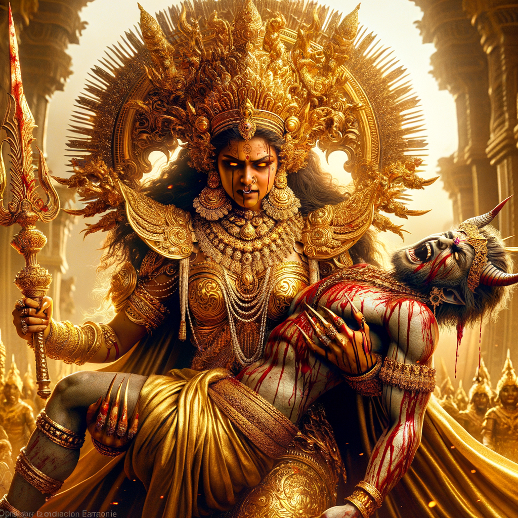 portrait of angry looking goddess durga slaying a weak mahishasur by carrying him in her arms and stabbing him with her amazingly long red fingernails. She is wearing gold armor, a huge gold crown, gold saree, abundant  gold jewelry, covered in blood. The scene is set in ancient India. The image is 8K resolution, cinematic, ultra detailed face and epic.