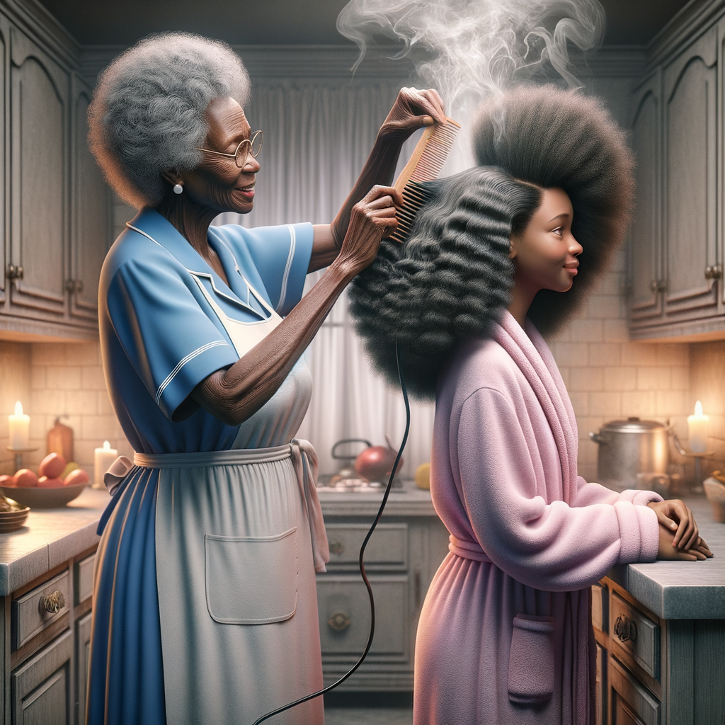 Create a realistic 3-D image of an african-American grandmother wearing a blue house dress and a white apron . She is in the kitchen with her african-American granddaughter. Her granddaughter is wearing a pink bath robe. The grandmother has a hot comb in her hand and she is straightening her granddaughters hair. One side of her granddaughters hair is in  a Afro the other straight 
There is smoke coming from the hot comb
The granddaughter is making a face