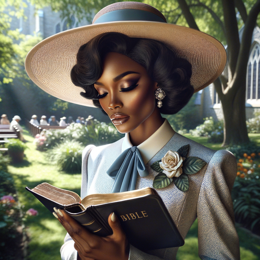 Render an airbrush oil painting of an African American woman with flawless makeup in a
contemplative pose, holding a Bible close to her heart, dressed in an elegant Sunday Best
outfit with a distinctive Church Hat. The background features a peaceful church garden,
with light filtering through the trees, highlighting her spiritual connection and the personal
moment of reflection. The artwork should capture the tranquility of the scene, the beauty
of her attire, and the depth of her contemplation, reflecting a serene and spiritually