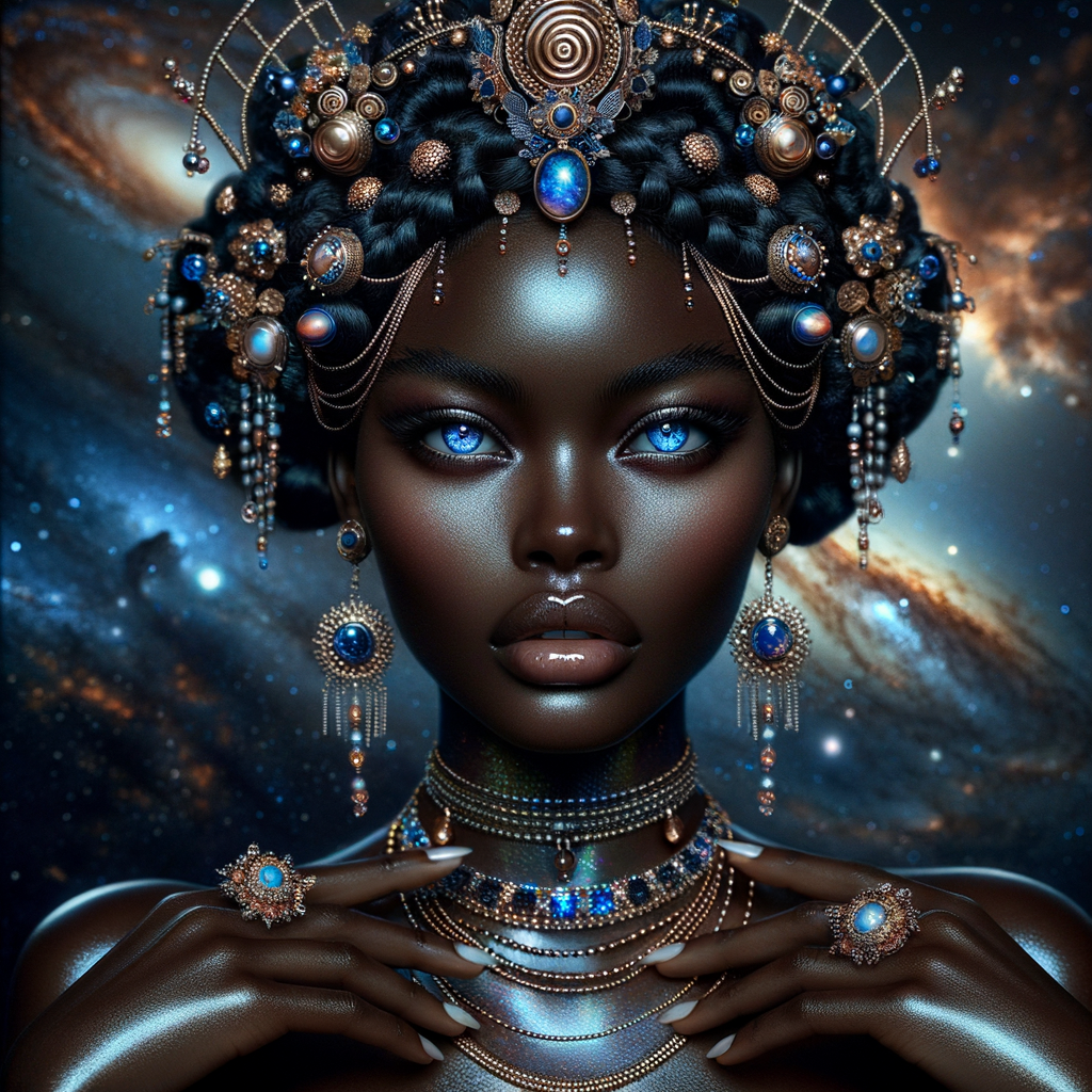 "Create a portrait of a regal African-American woman with an ethereal and cosmic theme. Her skin is a glossy ebony, with a smooth and flawless finish that reflects light. Her eyes are a striking electric blue, like sapphires, with a makeup that accentuates their shape and the intensity of their color. Her hair is styled into an intricate array of braids, coils, and twists that cascade down and frame her face, adorned with beads and jewels that catch the light. She wears an elaborate headdress made of swirling patterns and motifs that evoke the mysteries of the universe, studded with shimmering stones and intricate enamel work in hues of blue and gold. Her attire consists of a cascade of layered necklaces and a majestic, shoulder-grazing earring, each piece detailed with a mix of precious stones, metals, and intricate beadwork. The background is a tapestry of stars and nebulas, suggesting a connection to the cosmos. Her pose is serene, with a hand gracefully touching her chin, adorned with rings that complement her other jewelry, all coming together to suggest an aura of wisdom and grace."