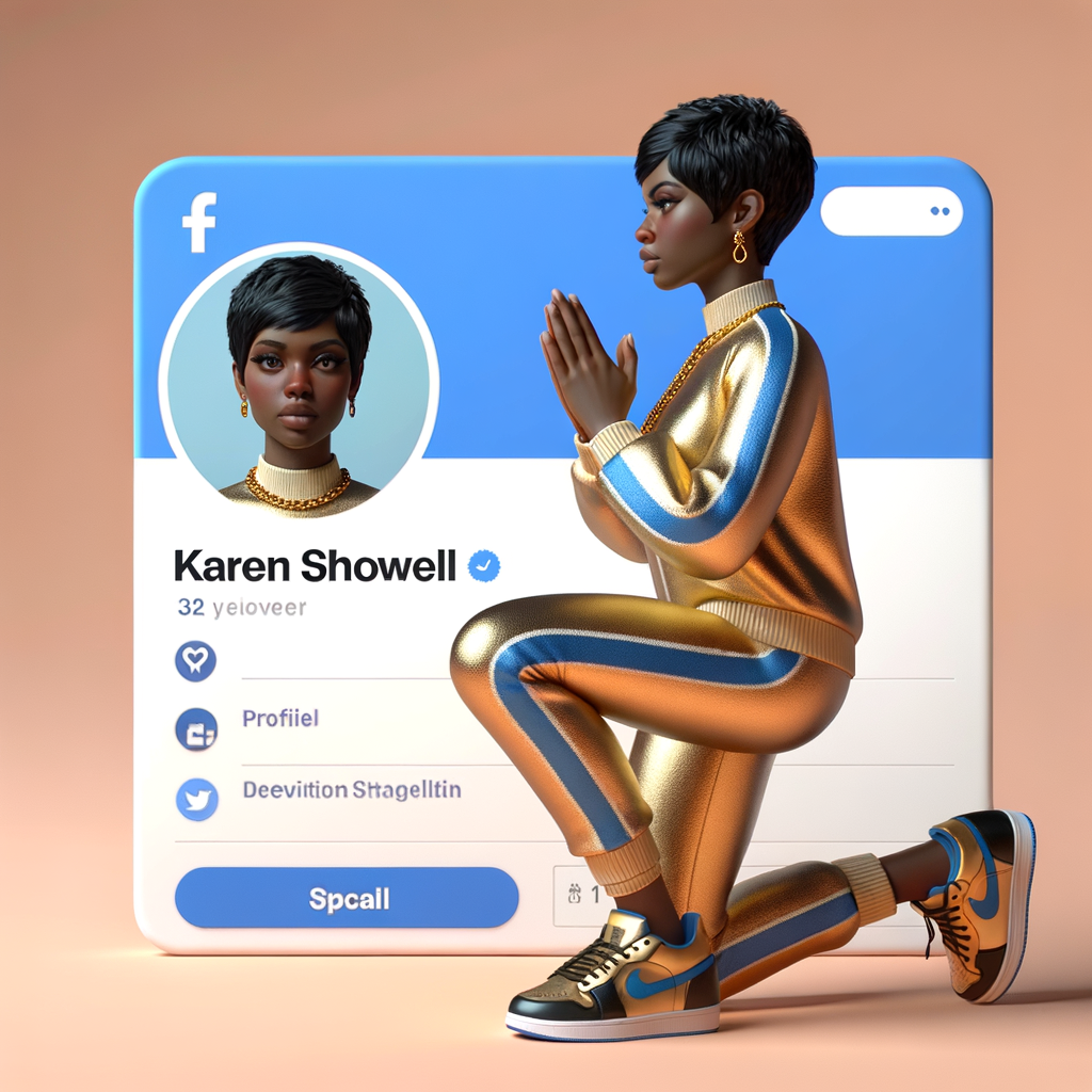 Create a 3D illustration of a realistic light skinned African-American woman on The remote her knees Praying , she has a black pixie cut haircut FACEBOOK social media with a FACEBOOK BACKGROUND . She is wearing a gold and blue jumpsuit and gold and blue Nike gym shoes. The background is a FACEBOOK social media profile with a user name “KAREN SHOWELL ” and profile FACEBOOK Cover