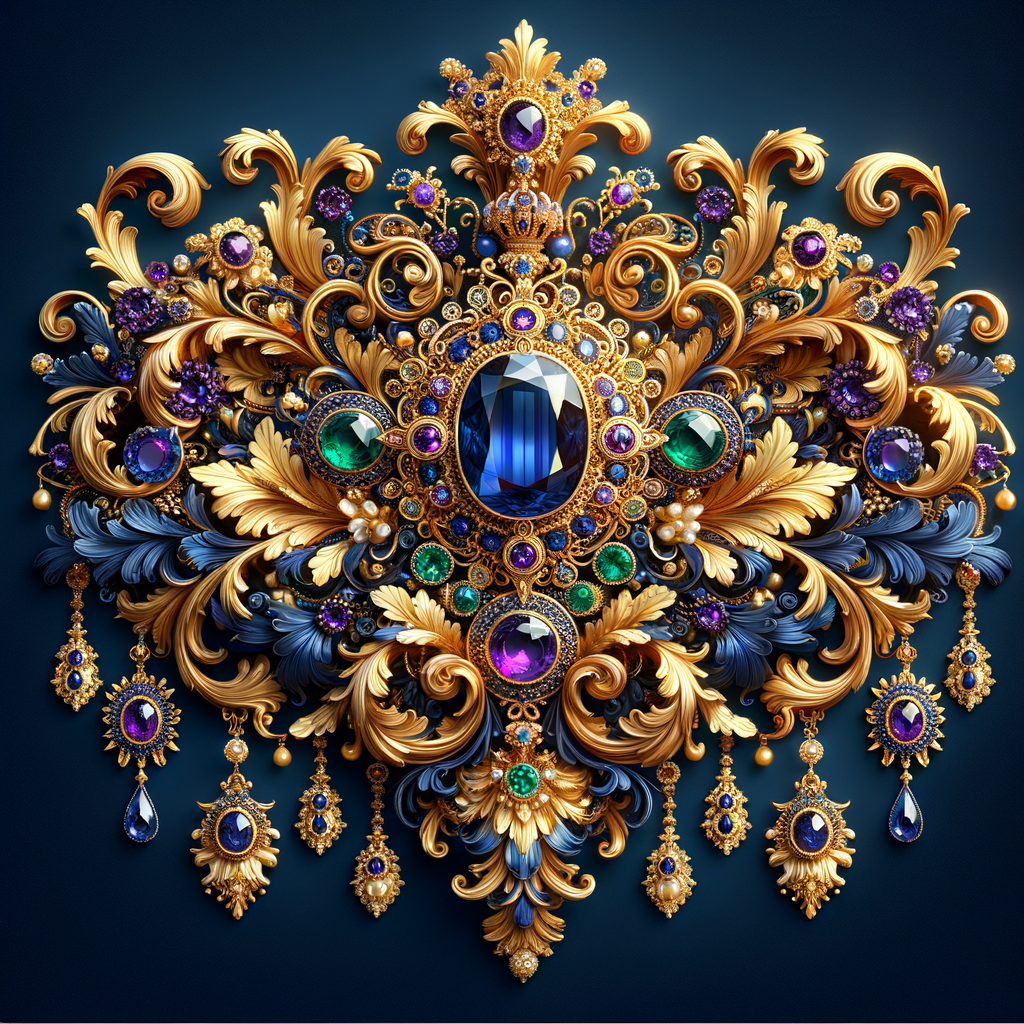 "Design an exquisite, baroque-style ornament composed of ornate gold scrollwork and flourishing acanthus leaves. Central to this design is a grand, oval-cut sapphire, surrounded by an intricate halo of smaller gemstones, including amethysts, emeralds, and pearls. Dangling elegantly from the central motif are various jeweled pendants and teardrop pearls, creating a sense of movement and opulence. The rich colors are set against a deep blue background, accentuating the gold's warm glow. Below this luxurious arrangement, the name 'KAREN' is displayed in an ornate gold script, reflecting the overall sumptuous aesthetic."