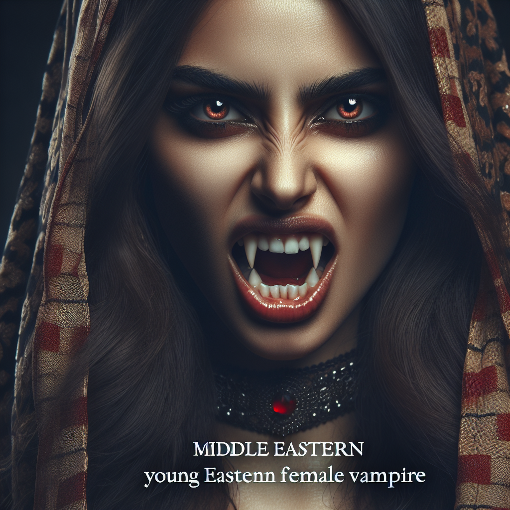 Create a hyper-realistic image of a young female vampire exuding ferocity, her piercing eyes radiating an intense glow. Capture her in a snarling expression, prominently displaying her menacing, razor-sharp fangs.