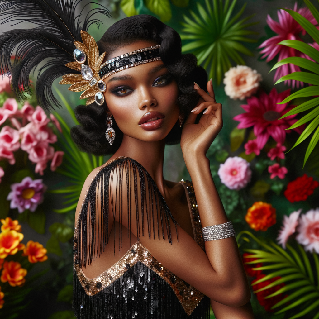 Picture a light-skinned African-American woman with striking Hawaiian features, immersed in the roaring 1920s. She's a dazzling flapper, her lively spirit captured in her attire and poise. She wears a shimmering black and gold flapper dress adorned with sequins and fringe that glisten with her every movement. Around her head, a matching headband sits gracefully, embellished with feathers and a jewel that echoes the opulence of the era. Her hair is styled in perfect finger waves, highlighting her alluring gaze and bold makeup typical of the 1920s—a smoky eye and dark, glossy lips. The background is a kaleidoscope of vibrant tropical flowers, creating a lush and vivacious scene that reflects her Hawaiian roots. Her entire demeanor is one of elegance and jubilance, a true celebration of her heritage and the exuberant era she embodies.