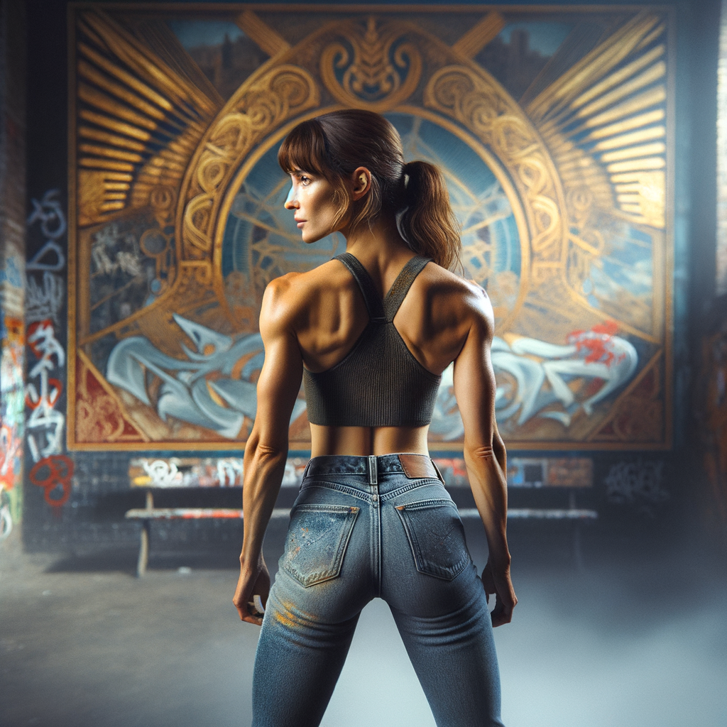 Athletic Thin skinny Attractive, Asian teenage girl, long brown hair and bangs, wearing tight skinny jeans and a halter top paint marks on her clothing, heroic pose Asian graffiti background, backside view