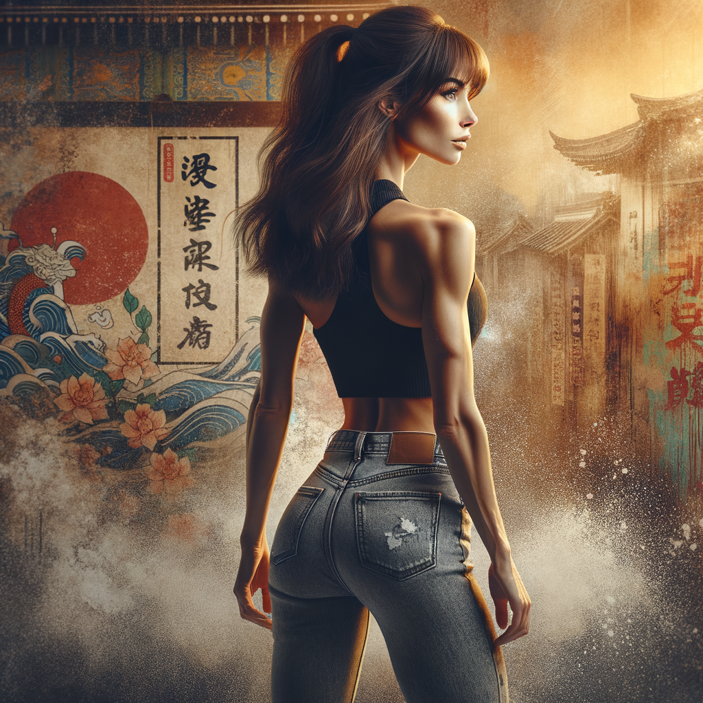 Athletic Thin skinny Attractive, Asian teenage girl, long brown hair and bangs, wearing tight skinny jeans and a halter top paint marks on her clothing, heroic pose Asian graffiti background, backside view