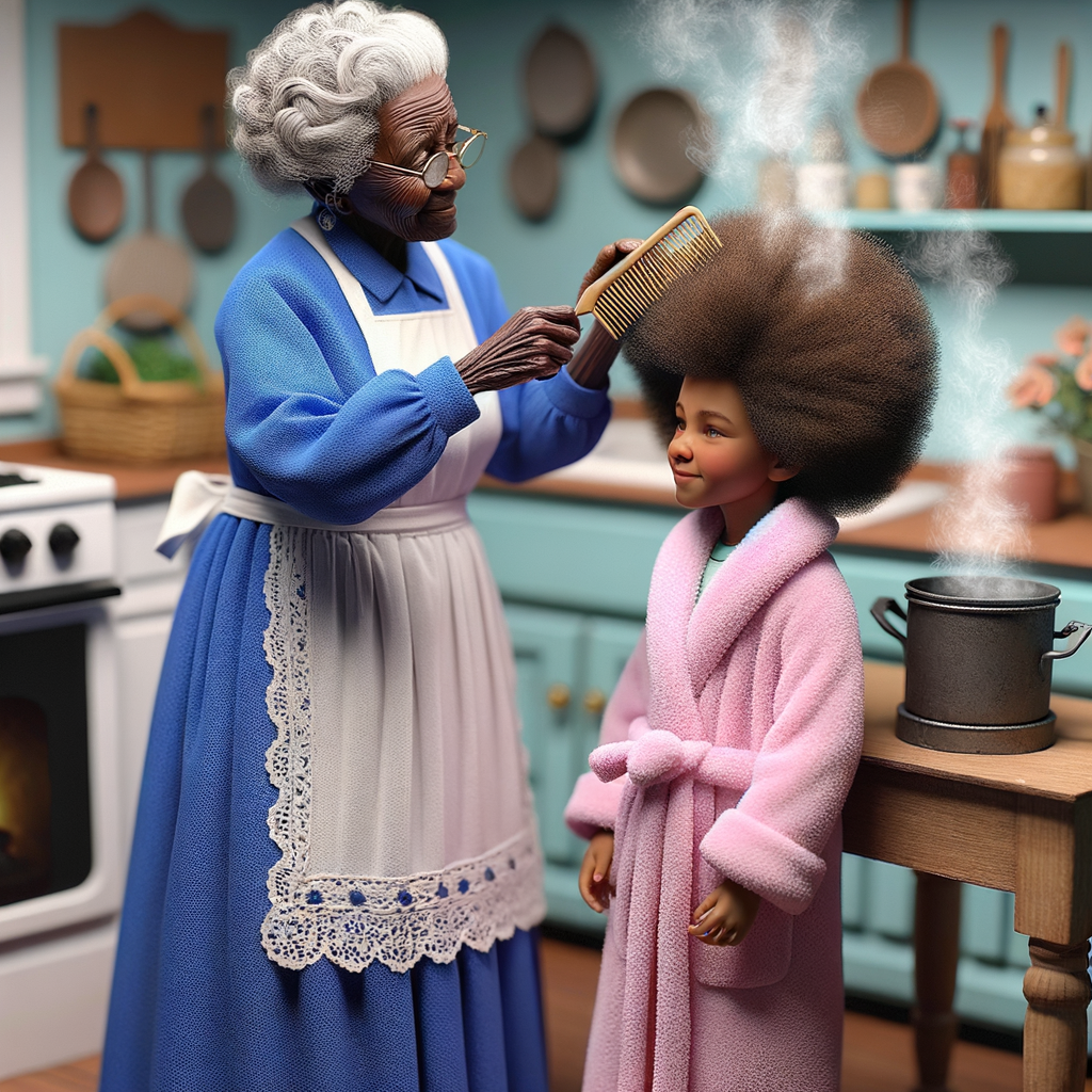 Create a realistic 3-D image of an african-American grandmother wearing a blue house dress and a white apron . She is in the kitchen with her african-American granddaughter. Her granddaughter is wearing a pink bath robe. The grandmother has a hot comb in her hand and she is straightening her granddaughters hair. One side of her granddaughters hair is in  a Afro the other straight 
There is smoke coming from the hot comb
The granddaughter is making a face