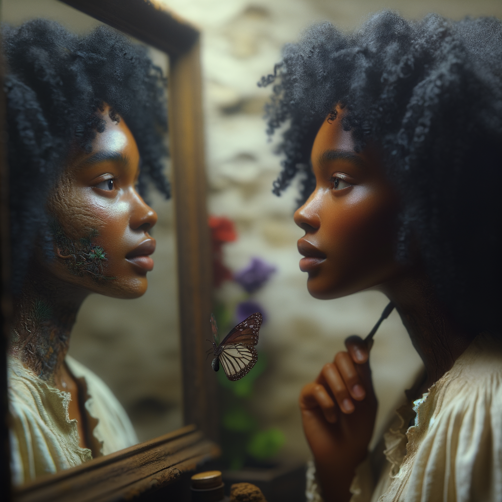 Create a 3-D realistic beautiful African-American  women with thick curly black hair
Looking at herself in the mirror, but the reflection she sees is a child, and she is no longer beautiful. She is ugly with scars. There is a fallen butterfly.