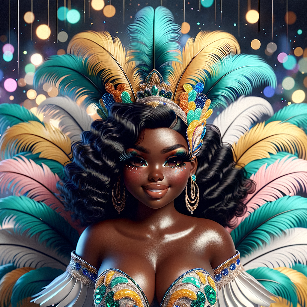 Create a 3-D  vivid full-body view of a colorful glossy hyper-realistic oil painting of a detailed illustration full length photo single image of a beautiful African-American caramel skinned woman plus sized, with long, black, wavy hair, her make up is airbrushed and flawless, she is dressed in a white, teal and yellow large, elaborate, elegant, very detailed carnival costume with colorful African-American pink, blue, gold yellow green feathers, flawless makeup, prominent lashes, black peep toe heels, white pixie hair, background bokeh, she is stunning and smiling, digital art.