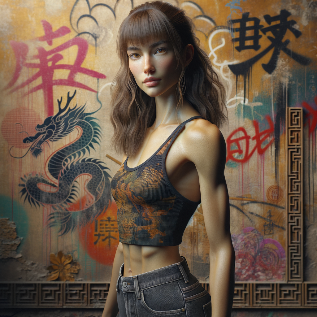 Athletic Thin skinny Attractive, Asian teenage girl, long brown hair and bangs, wearing tight skinny jeans and a halter top paint marks on her clothing, heroic pose Asian graffiti background, side view