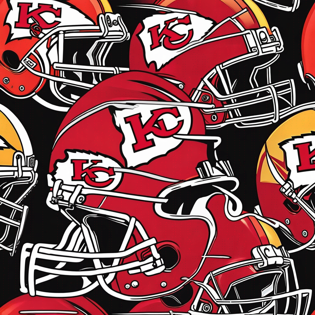 pretty glitter filled black outlined vividly  colored helmet with the Kansas City chiefs  football team logo and colors placed centrally with the team name written in bold graphic font Kansas City chiefs  the back  ground is smokey and gold