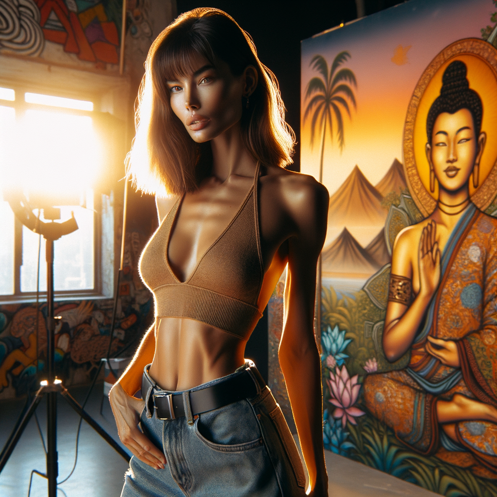 Athletic Thin skinny Attractive, Asian teenage girl, long brown hair and bangs, wearing tight skinny jeans and a halter top paint marks on her clothing, heroic pose Asian graffiti background, backside view