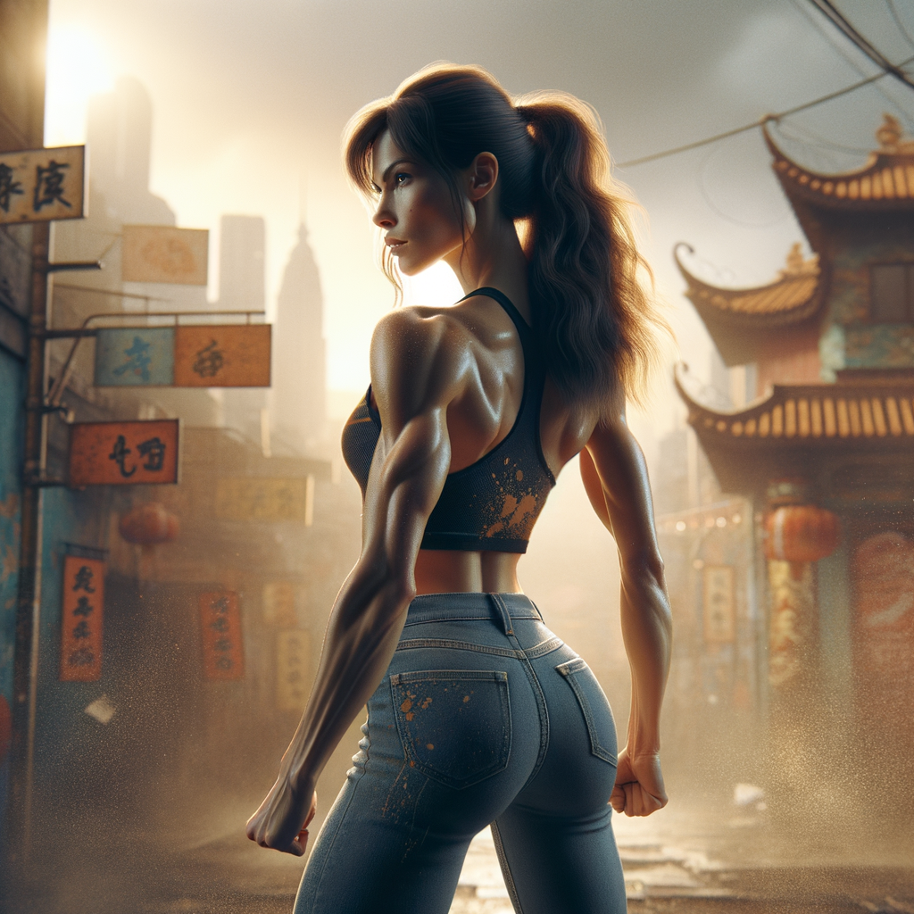 Athletic Thin skinny Attractive, Asian teenage girl, long brown hair and bangs, wearing tight skinny jeans and a halter top paint marks on her clothing, heroic pose Asian graffiti background, backside view