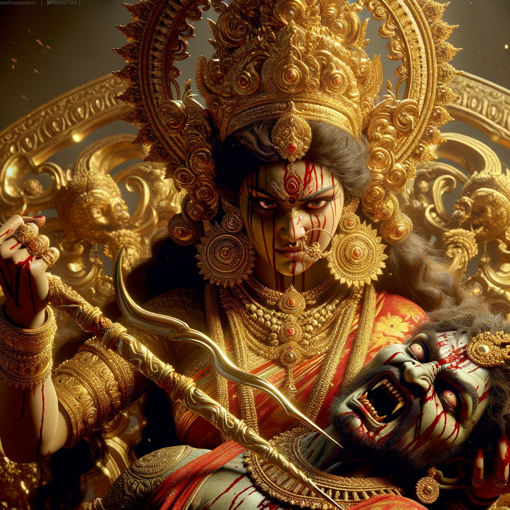 portrait of angry looking goddess durga, sitting on a gold crown and carrying a weak mahishasur on her lap and stabbing him with her amazingly designed trident. She is wearing gold armor, a huge gold crown, red saree, abundant gold jewelry, covered in blood. The scene is set in ancient India. The image is 8K resolution, cinematic, ultra detailed face and epic.