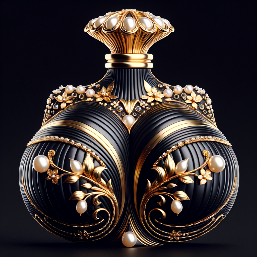 Design a fancy, black and gold bottle of perfume in the shape of a woman’s body. With a golden diamond top, flowers pearls and Diamonds in the name, Karen