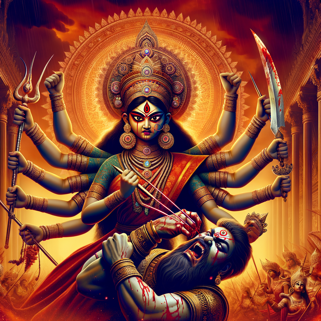 Portrait of angry four-armed goddess durga slaying mahishasur by carrying him in her arms and stabbing him with her red long nails. she should wear Gold jewelry all over the body. Mahishasur should have wounds all over his body. mahishasur should be smaller in size compared to Goddess durga. Background is an intense battlefield. reddish hue everywhere and sunset in the background.  Epic scene. 4k, HDR.