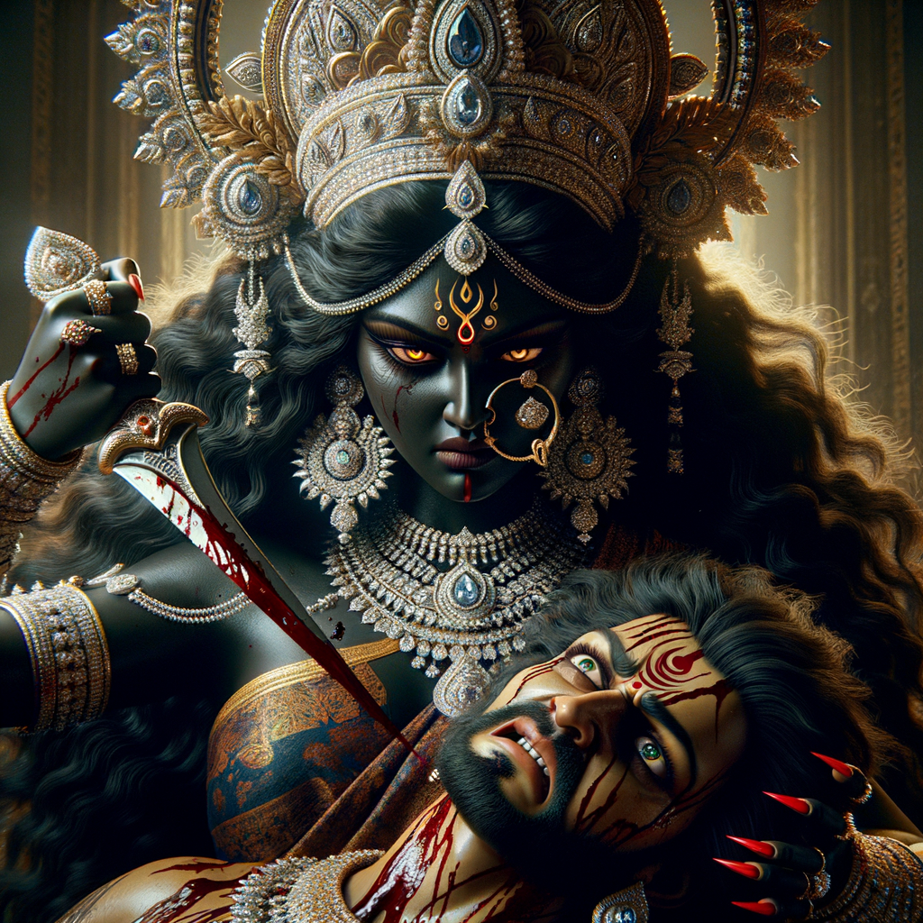 portrait of extremly angry looking goddess durga, black skinned, sitting on a gold crown and carrying a weak mahishasur on her lap and stabbing him with her amazing long red finger nails. She is wearing diamond armor, a huge diamond crown, black saree, abundant diamond jewelry, covered in blood. The scene is set in ancient India. The image is 8K resolution, cinematic, ultra detailed face and epic.