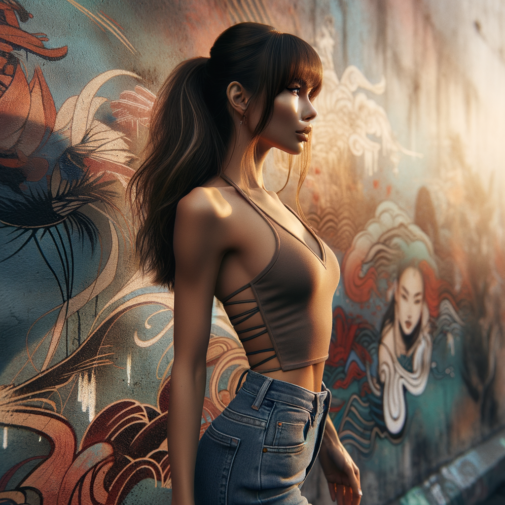 Athletic Thin skinny Attractive, Asian teenage girl, long brown hair and bangs, wearing tight skinny jeans and a halter top paint marks on her clothing, heroic pose Asian graffiti background, side view